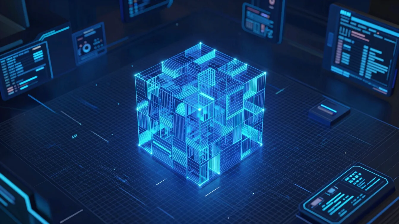 abstract 3D geometric structures, glowing blue grid, data flow, h