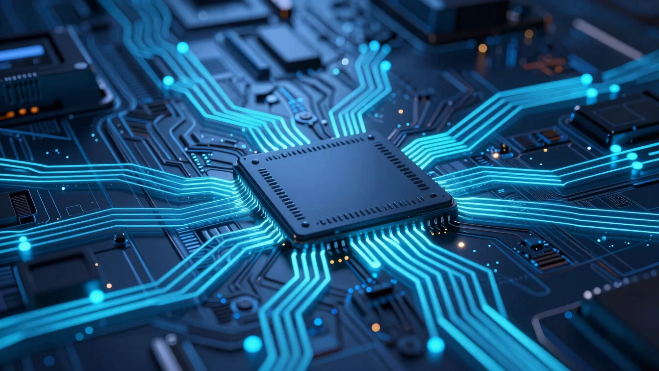 futuristic digital circuit board, neon light trails, dark blue am