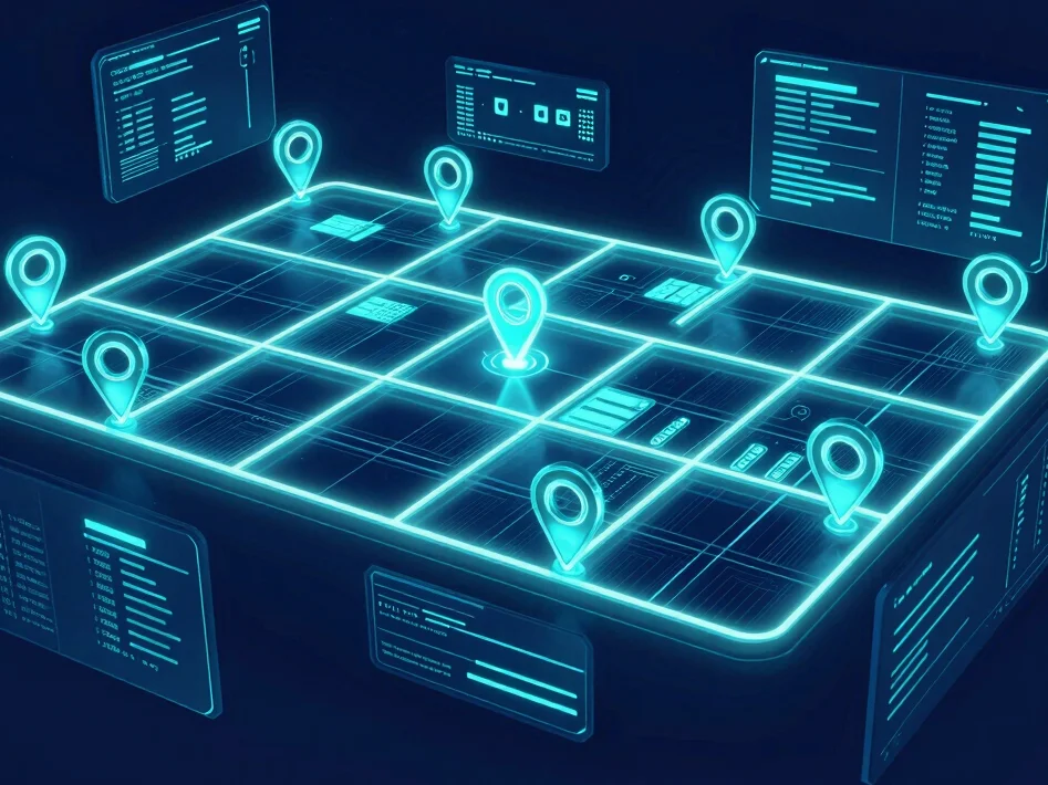 Glowing neon cyan digital map matrix with location pin point and