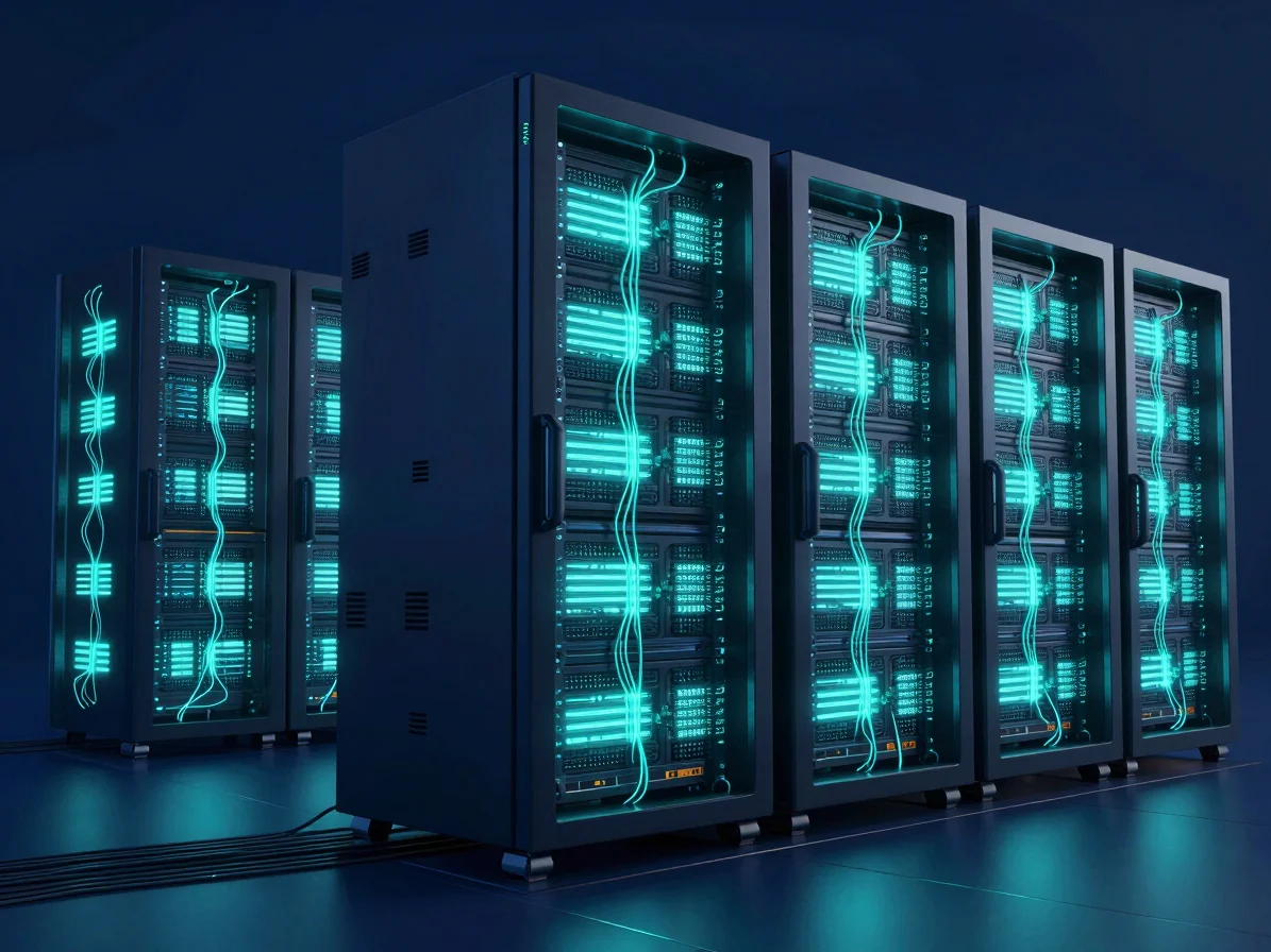 Abstract high-tech server core glowing with cyan light pulses, cl