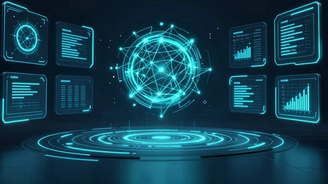 futuristic UI elements, glowing data network, neon cyan lines, cl
